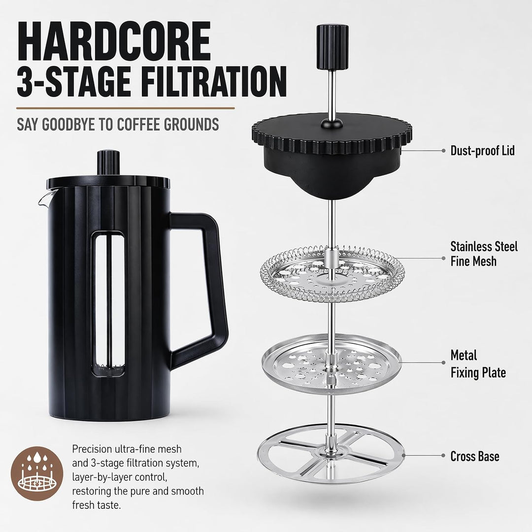 French Press Kaffeepresse 1000ml/34oz, Kaffeezubereiter aus heissfestem Glas mit Edelstahlfilter, BP