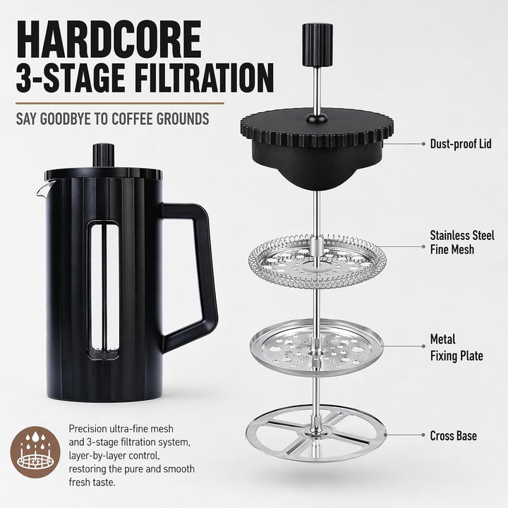 French Press Kaffeepresse 1000ml/34oz, Kaffeezubereiter aus heissfestem Glas mit Edelstahlfilter, BP
