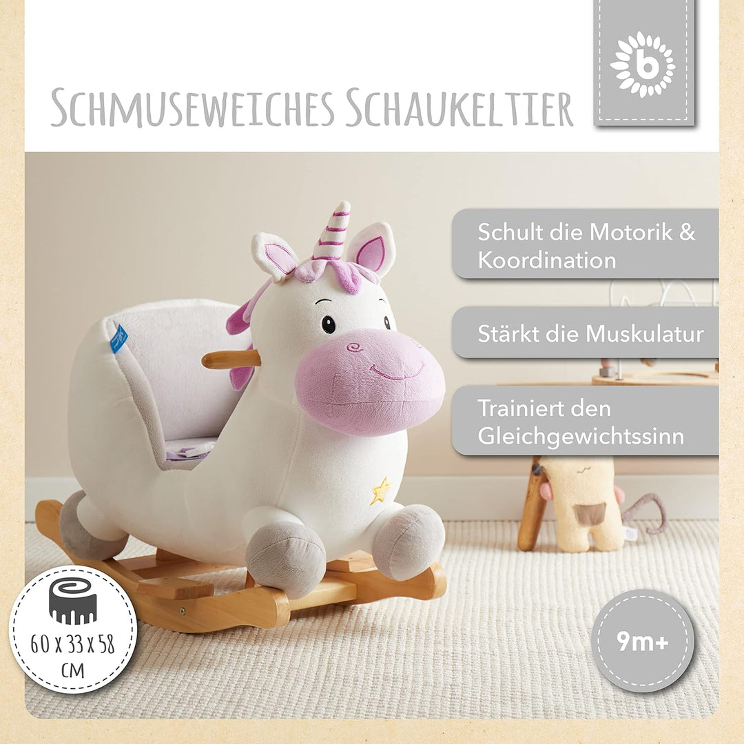 Bieco Plüsch Schaukeltier Einhorn, 60 cm | Kinder Schaukelstuhl mit Sicherheitsgurt | Baby Schaukel