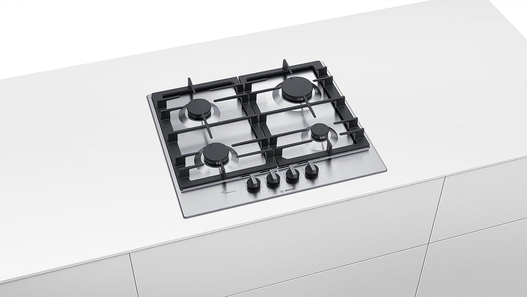 Bosch PCP6A5B90 autarkes Einbaukochfeld, Gas-Kochfeld Edelstahl 60 cm mit Drehreglern