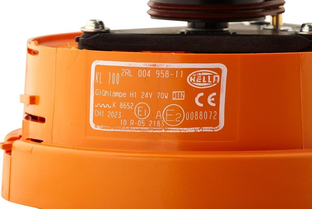 HELLA - Halogen-Rundumkennleuchte - KL 700 - 24V - gelb - rund - Anbau/geschraubt - Stecker: Flachst