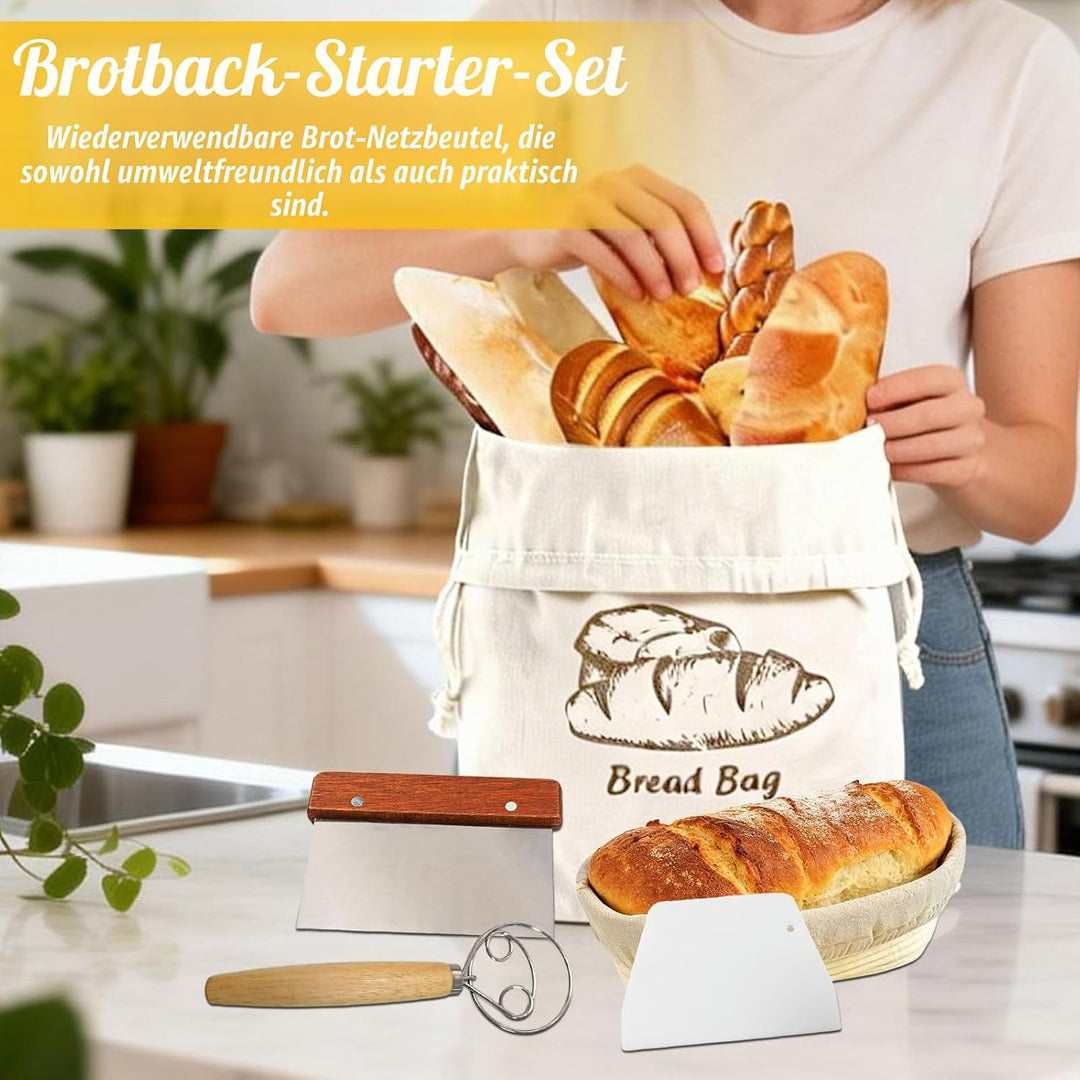 dellyy Brotbackset mit Gärkorb, 10 Teileset Brot Backen Starterset, Naturrattan-Geflecht, Inklusive