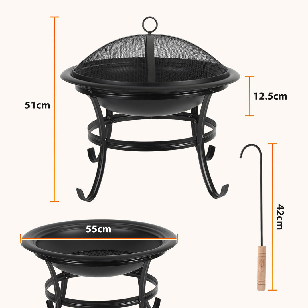 Feuerschale mit Funkenschutz, Feuerschale mit Grillrost Ø 55 cm aus Eisen