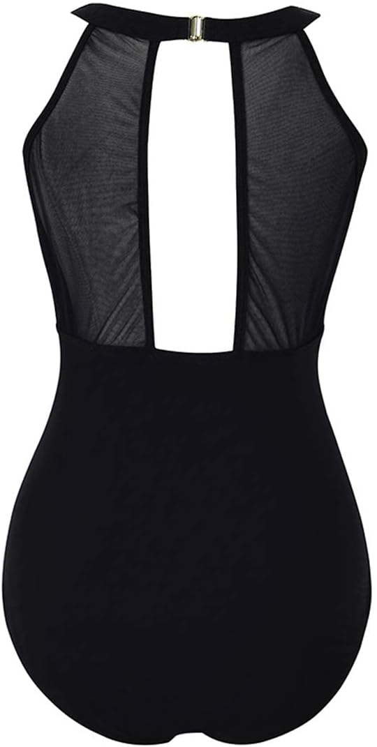VILOREE Damen Schlankheits Badeanzug Raffung Einteiler High Neck Bademode Strandmode XL Blätter, XL