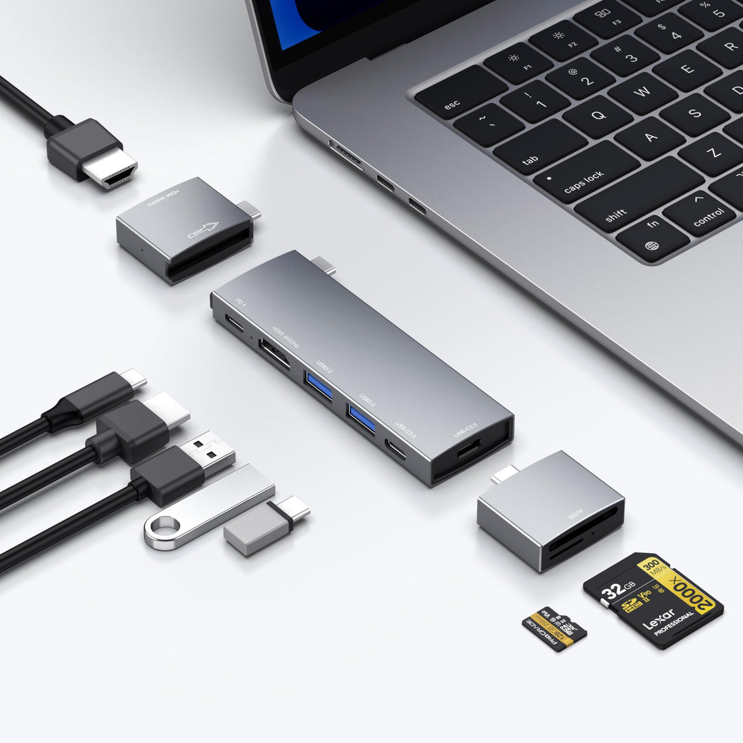 USB Hub for MacBook, USB-C Hub 8-in-2, 2 HDMI 4K 60Hz, USB C, 2 USB A Data Ports microSD SD Card Rea