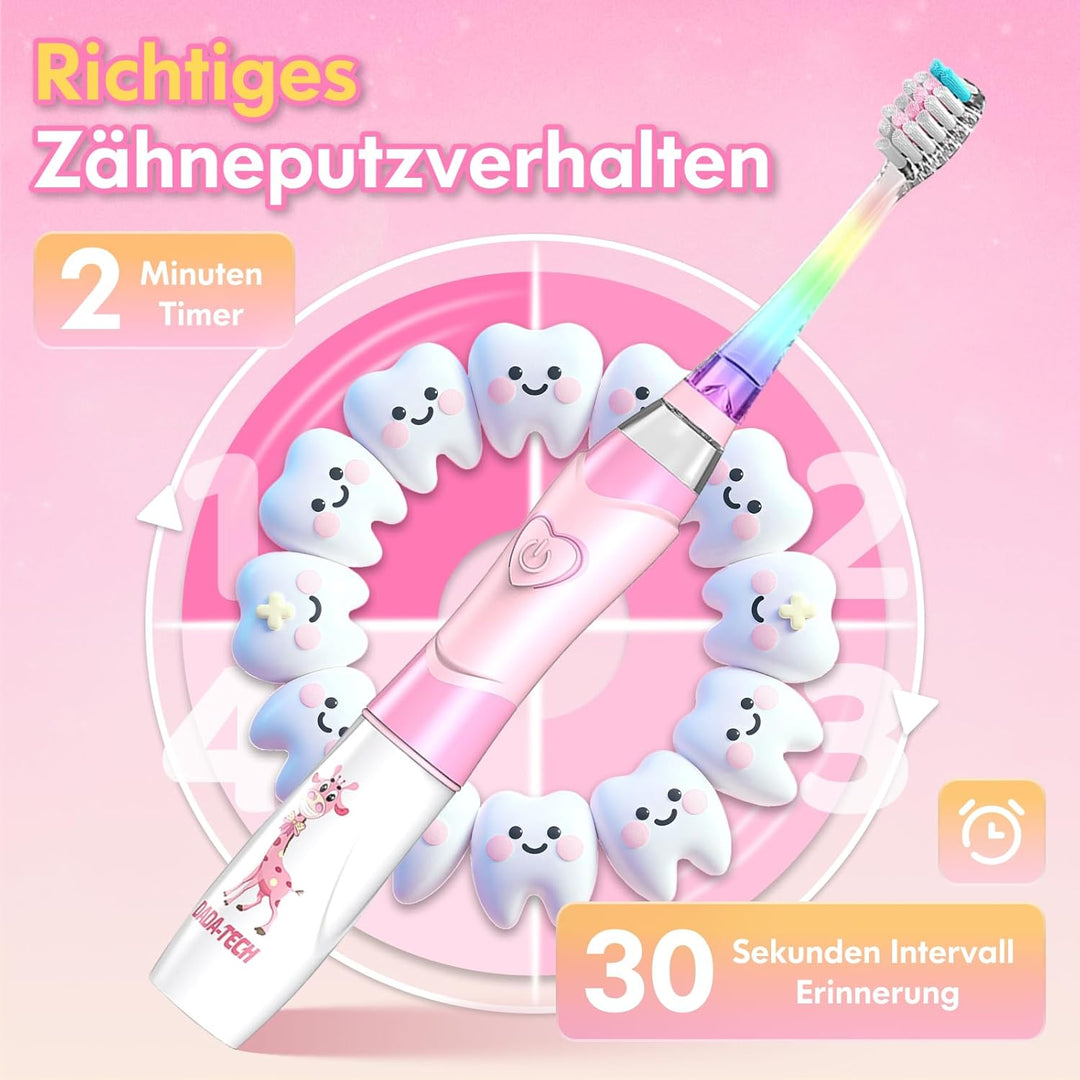 Elektrische Zahnbürste Kinder ab 3-6-8-12 Jahre mit buntem Regenbogen-LED-Licht Integrierter Timer 9