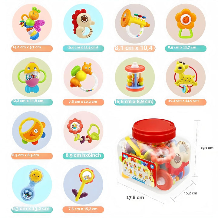 MOONTOY Baby Rassel BeissRing Set Baby Spielzeug ab 0 1 2 3 4 5 6 7 8 9 10 11 12 Monate, 12PCS Shake
