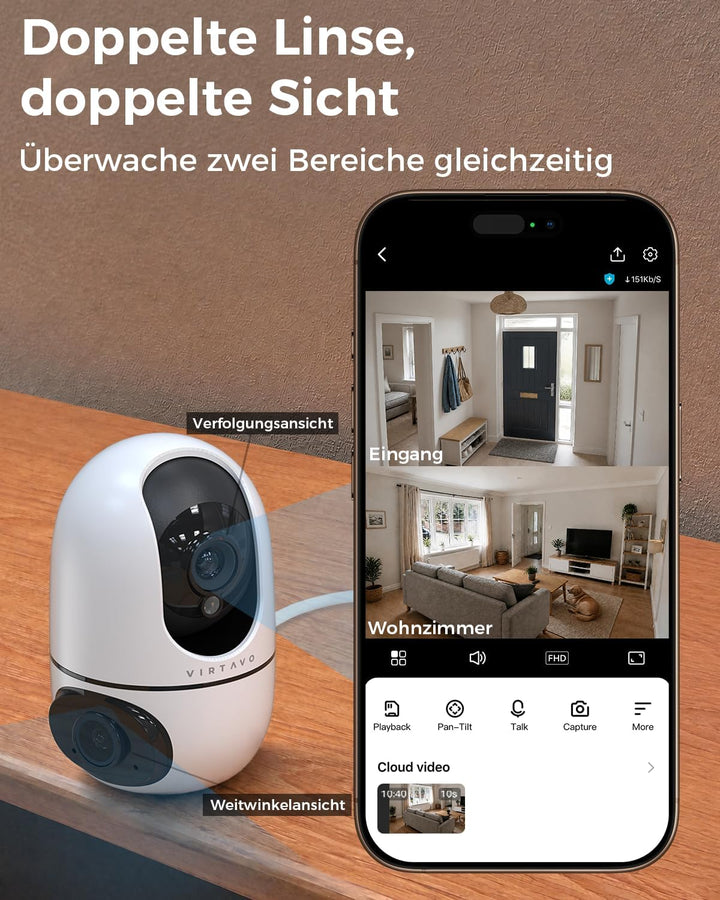 virtavo Überwachungskamera Innen 1080p Kamera Überwachung Innen 360° PTZ WLAN Kamera FHD 2-Wege-Audi