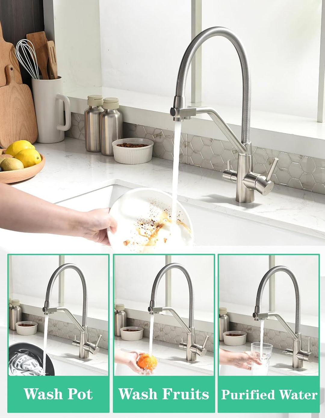 3 Wege Wasserhahn Küche,Küchenarmatur-360° Drehbar,mit 3 in 1 Wasserhahn für Wasserfilter,Spiralfede