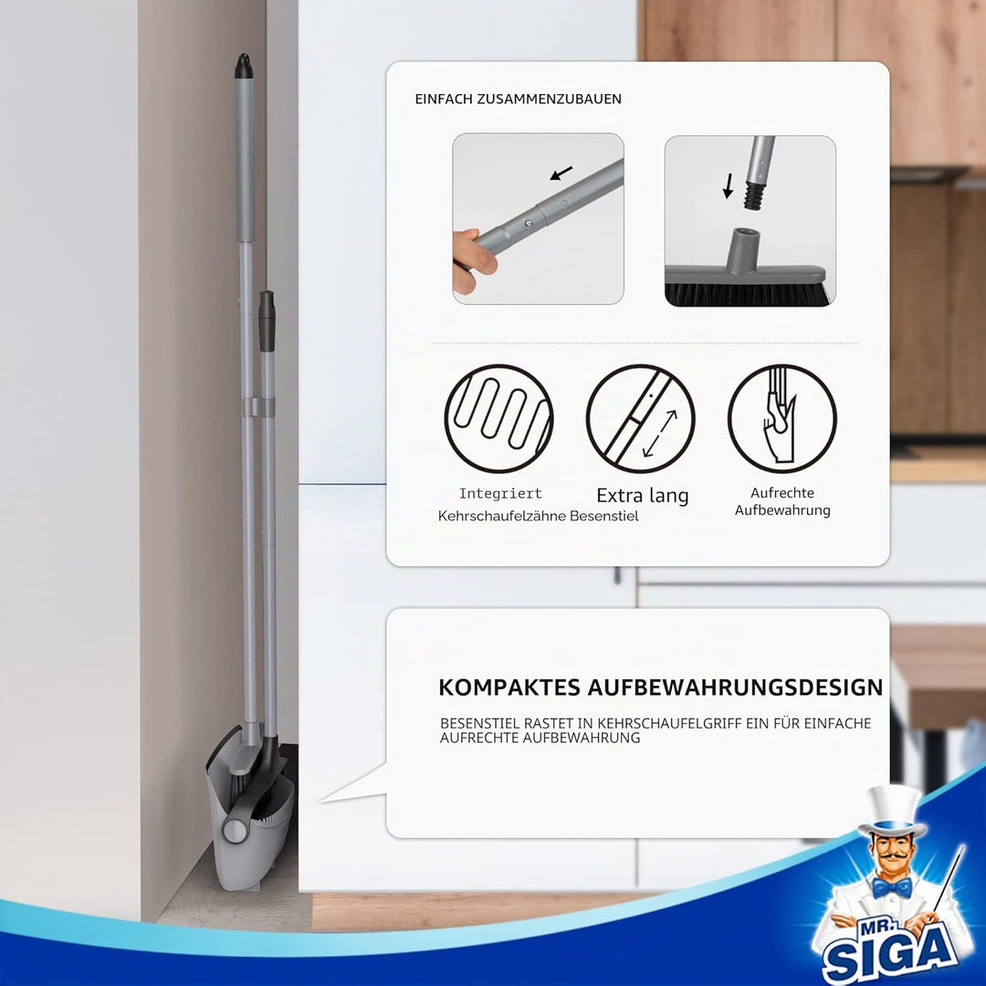 MR.SIGA Besen und Kehrschaufel Set mit Langem Griff, Aufrechter Kehrmaschine und Kehrschaufel Combo