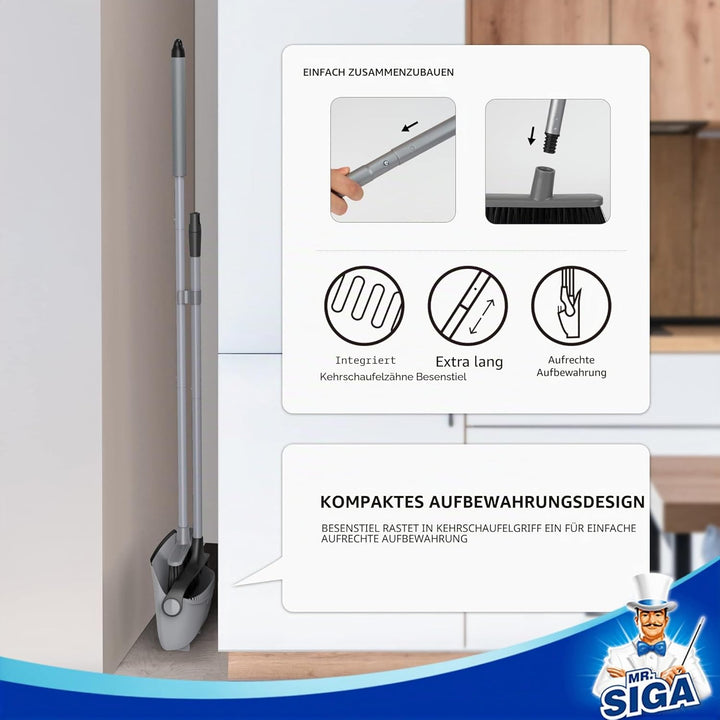 MR.SIGA Besen und Kehrschaufel Set mit Langem Griff, Aufrechter Kehrmaschine und Kehrschaufel Combo