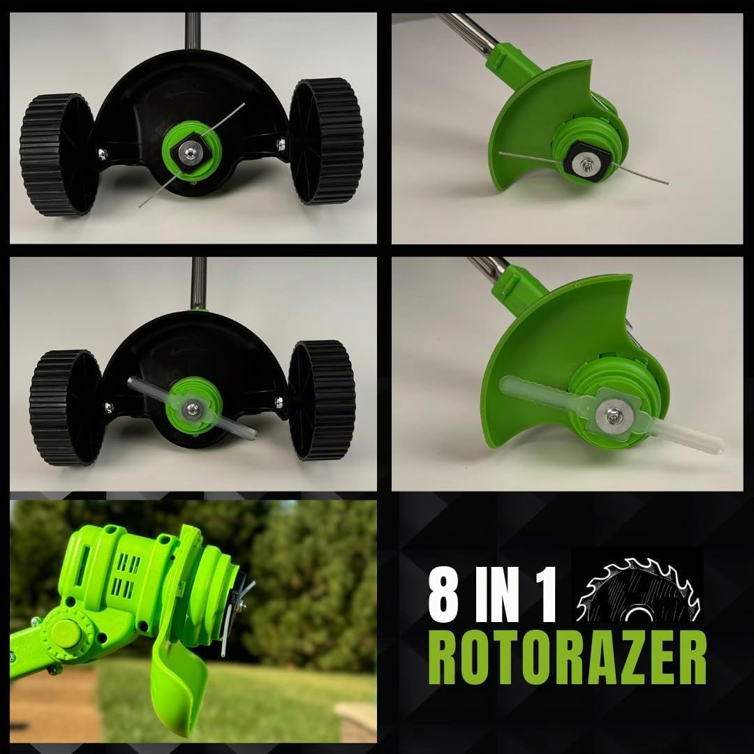 ROTORAZER 8 IN 1 Elektro-Motorsense, 2 Akkus 21V, Rasentrimmer, Strauchschneider, Rasenmäher, versch