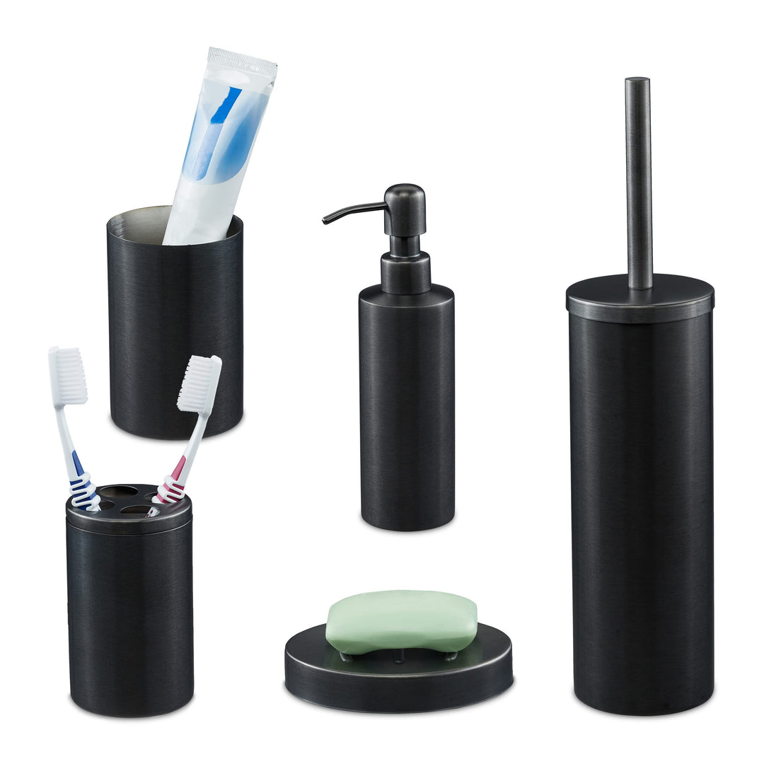 Relaxdays Badezimmer Set, 5-TLG, Badaccessoires Edelstahl gebürstet, komplette Badezimmerausstattung