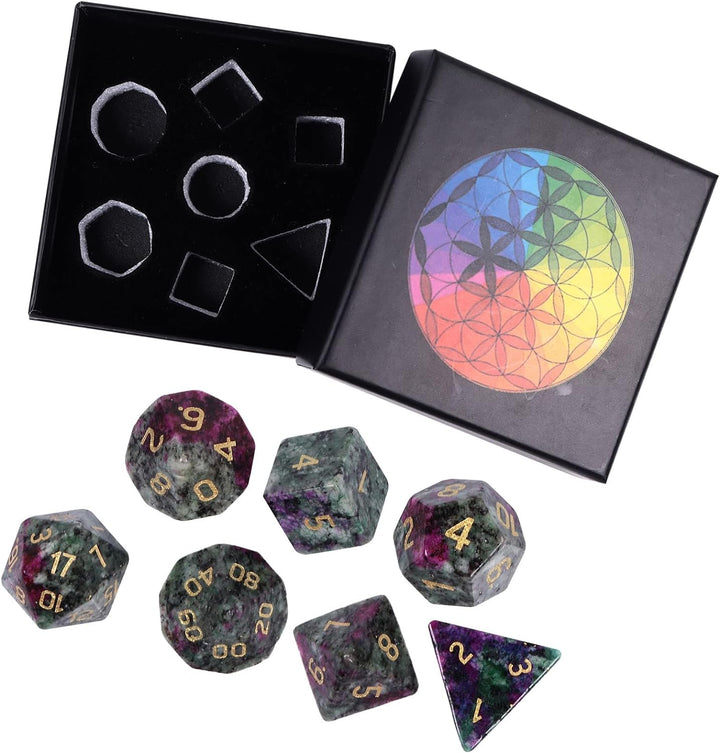 KYEYGWO Rubin in Fuchsite Kristall Polyedrische Würfel Set, 7pcs Reiki Heilung Stein Polyedrischer S