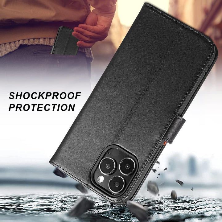 LENSUN Echtleder Hülle für iPhone 13 Pro Max, Handyhülle [Echtes Leder][3 Kartenfächer][RFID Schutz]