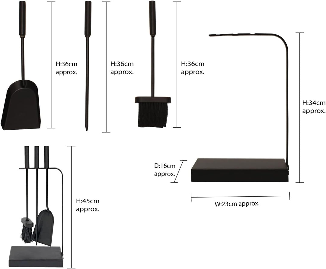 JVL Belmont modernes Kaminbesteck Curve Werkzeug Set, Stahl, schwarz, 23 x 15 x 45 cm,