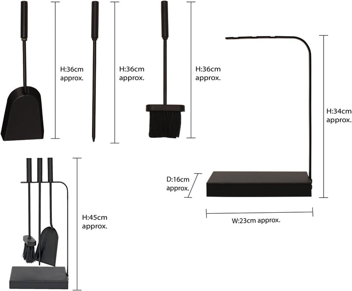 JVL Belmont modernes Kaminbesteck Curve Werkzeug Set, Stahl, schwarz, 23 x 15 x 45 cm,