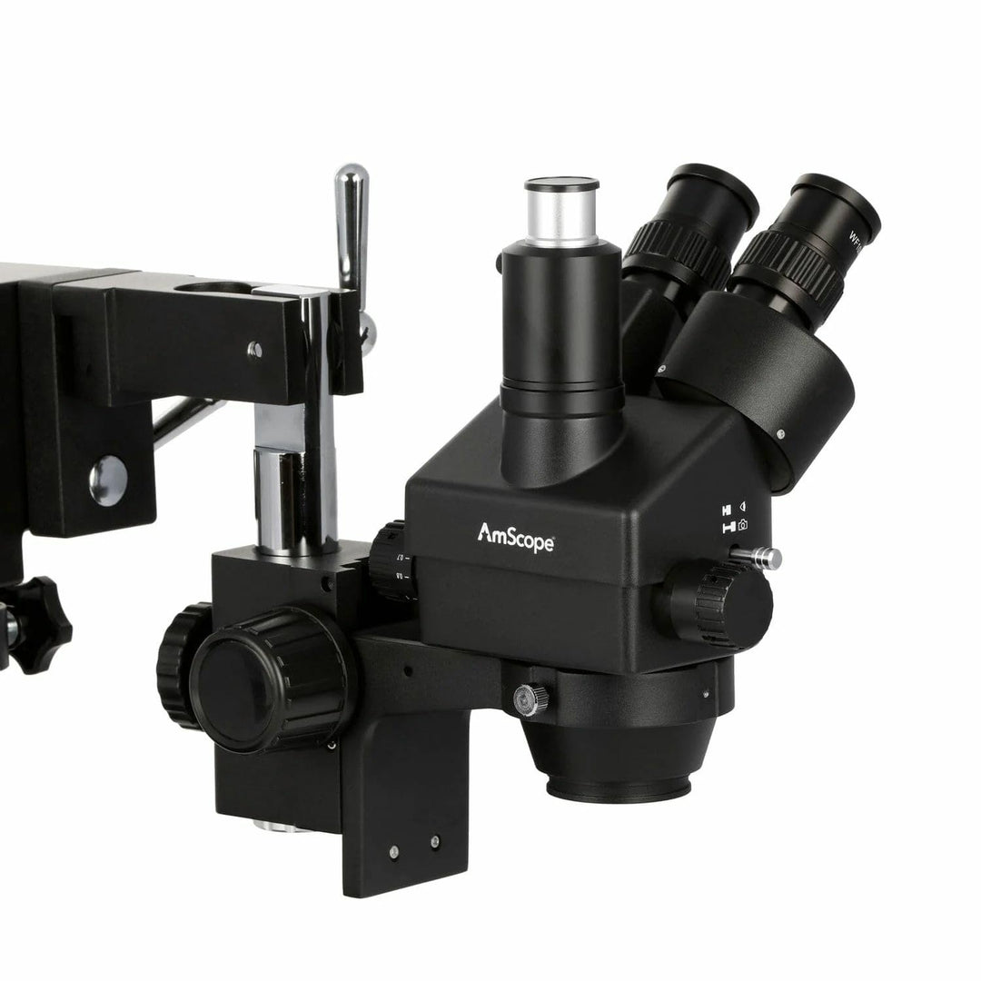 AmScope SM-4TZZ-B Trinokulares Stereo-Zoom-Mikroskop mit Schwarzem Doppelarm-Ausleger, 3.5X-180X, Sc