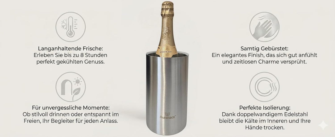 AURANACS® Elsass | Flaschenkühler aus matt gebürstetem Edelstahl | Doppelwandiger Weinkühler mit Iso