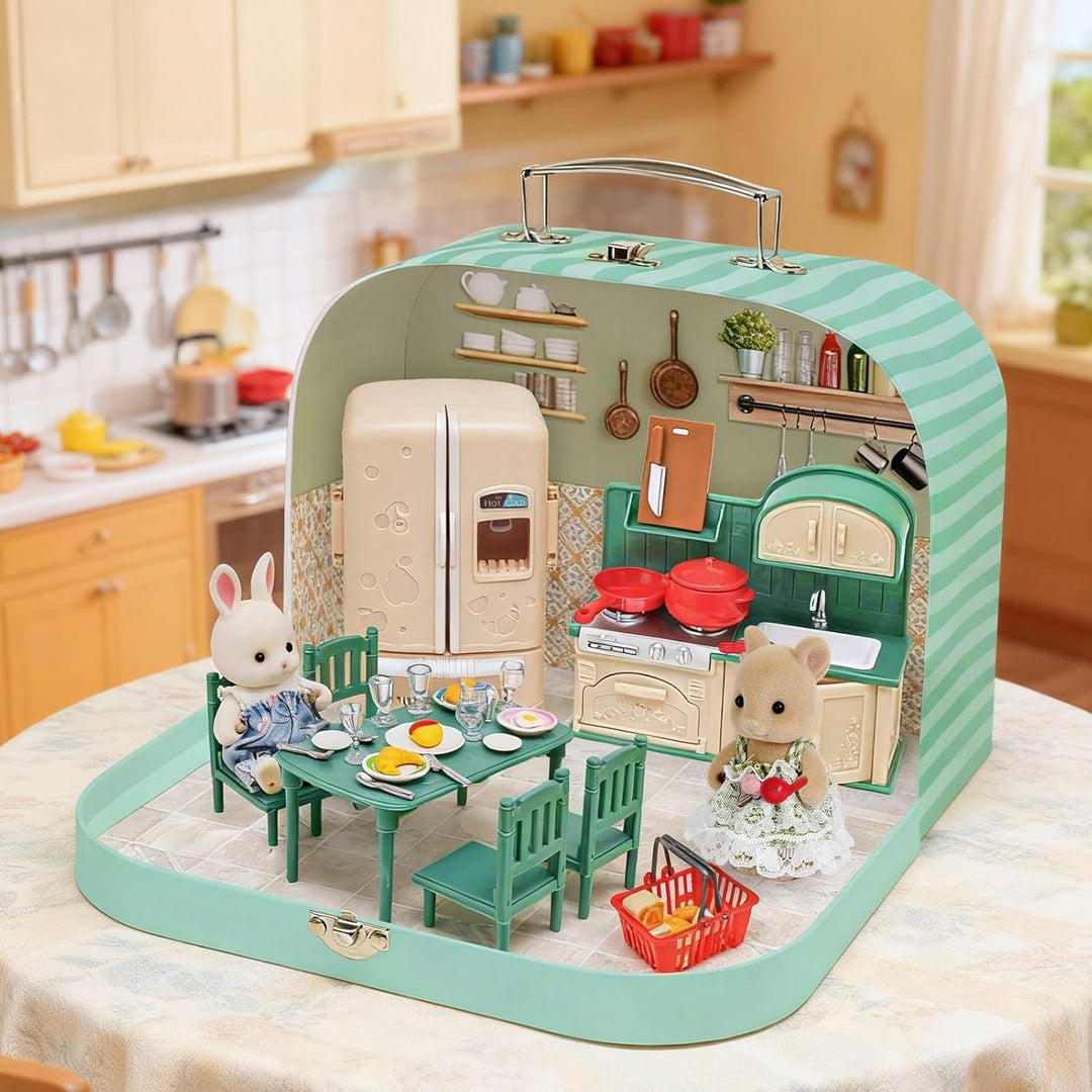 Koffer Dollhouse Tragbares Puppenhaus Möbel Zubehör DIY Miniatur Haus mit 2 Flexible Puppen, Klavier