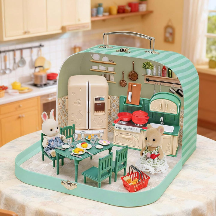 Koffer Dollhouse Tragbares Puppenhaus Möbel Zubehör DIY Miniatur Haus mit 2 Flexible Puppen, Klavier