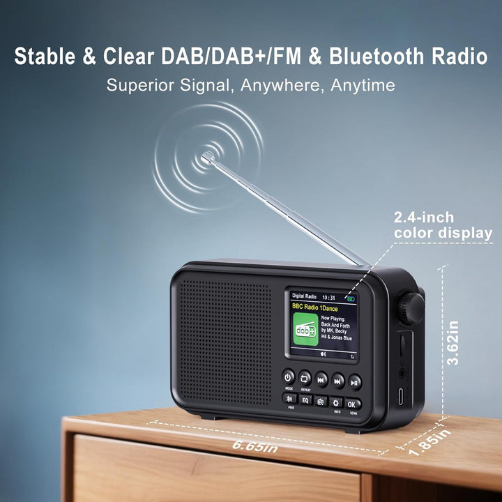 Tragbares DAB/DAB+ Radio, UKW Digitalradio mit 3000-mAh Akku, wiederaufladbares FM Radio mit Bluetoo