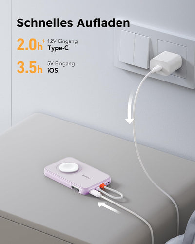 VEGER Mini Power Bank 20W PD, 5000mAh Powerbank mit Eingebautem Apple Kabel, mit Apple Watch Laden,