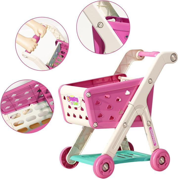 JOVOW Kinder Einkaufswagen Spielset, Zubehör für die Kaufladen 98 Stück mit Spielzeug Einkaufstasche
