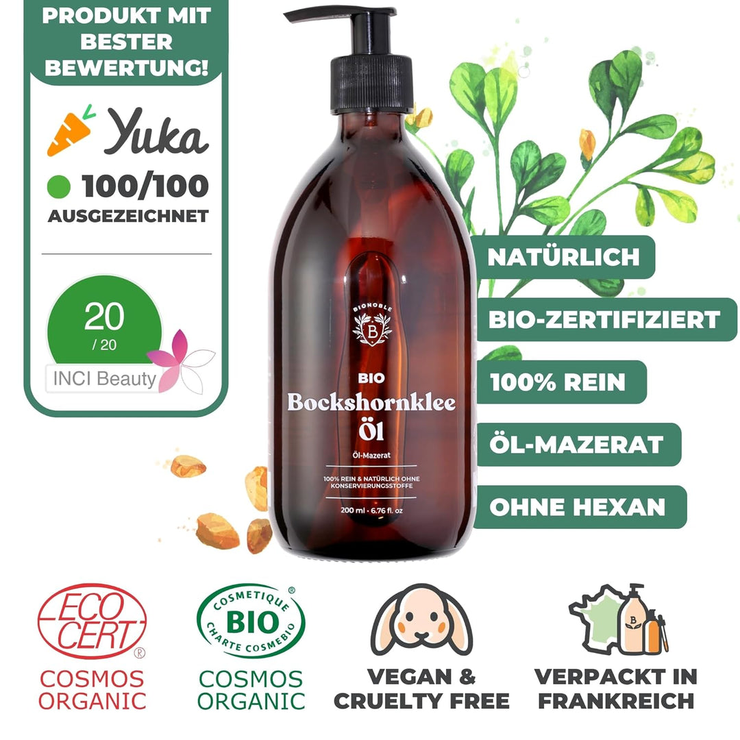 Bionoble Bockshornklee-Öl Bio 200ml - Öl-Mazerat aus Bockshornkleesamen und Sonnenblumenöl - Körper,