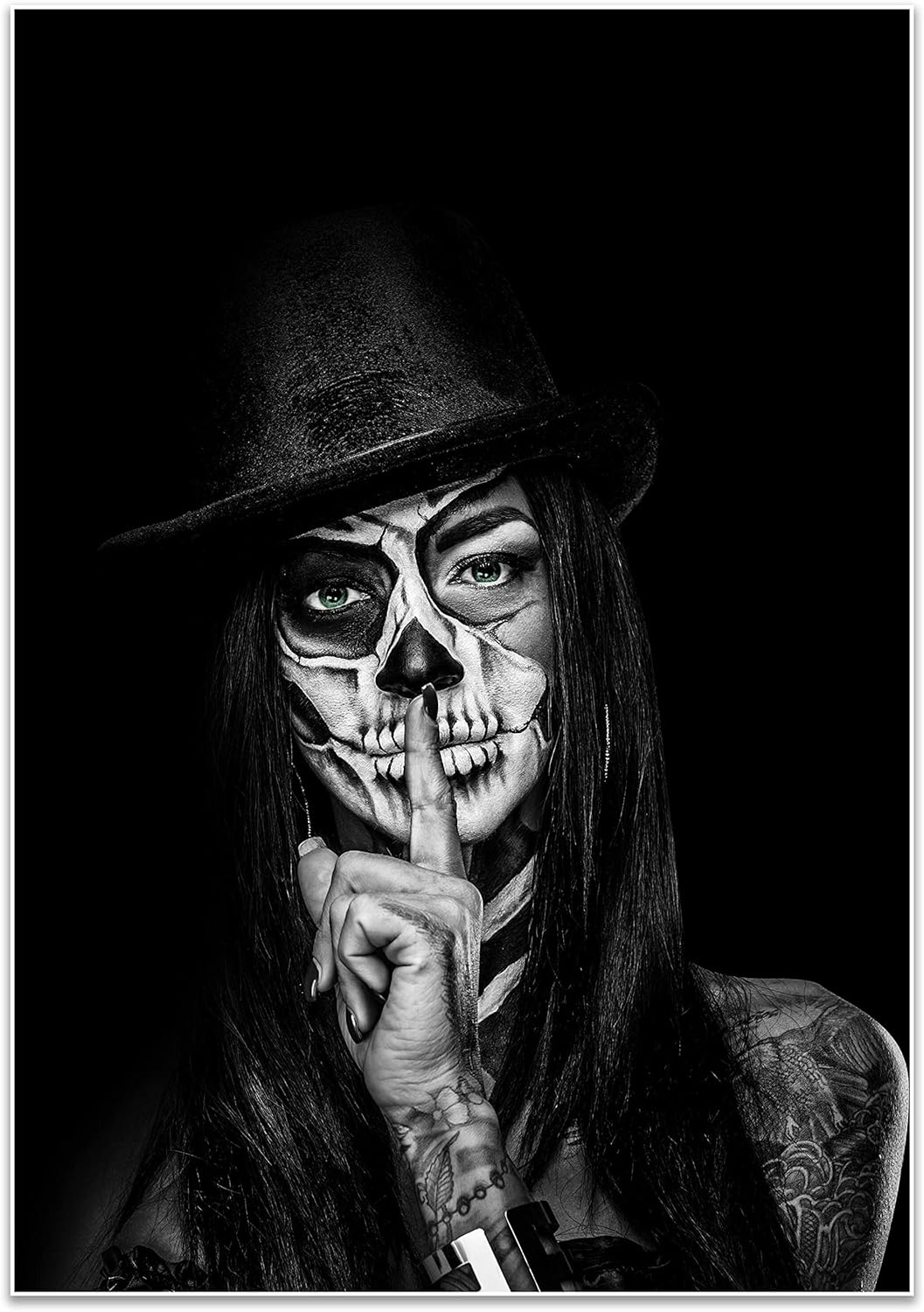 wandmotiv24 Poster als Wanddeko, Grösse 100x70cm, Model mit Totenkopf Makeup, Schminke, Grüne Augen,