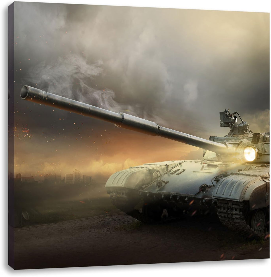 Pixxprint Panzer im Nebel 70x70cm Leinwandbild Wandbild Kunstdruck, 70x70