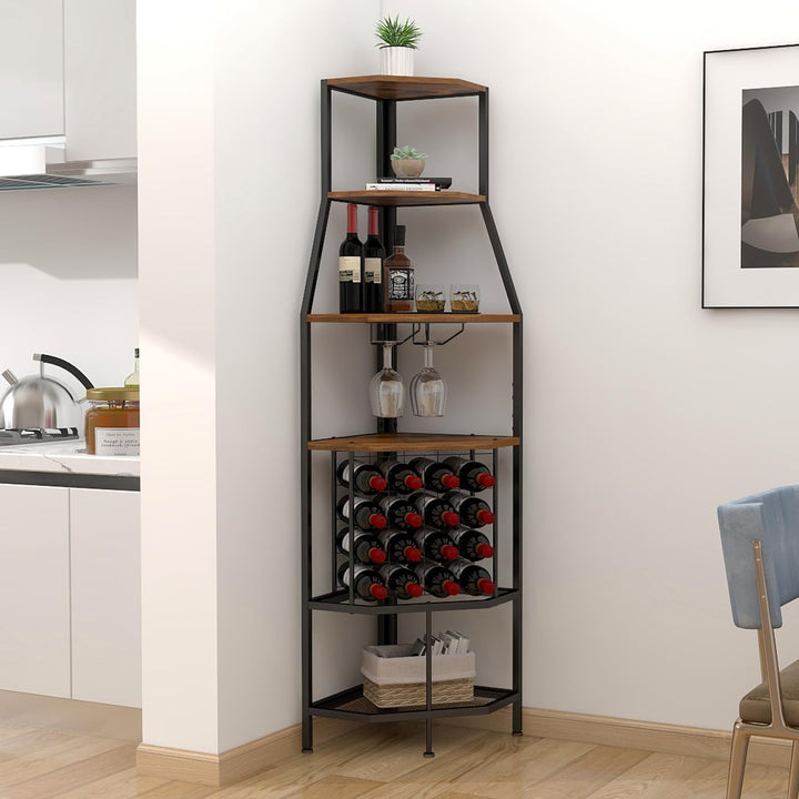 VEDECASA Eck-Weinregal Bodenstehend 5-stöckiges Eck-Barregal mit Glashalter and Weinaufbewahrung ind