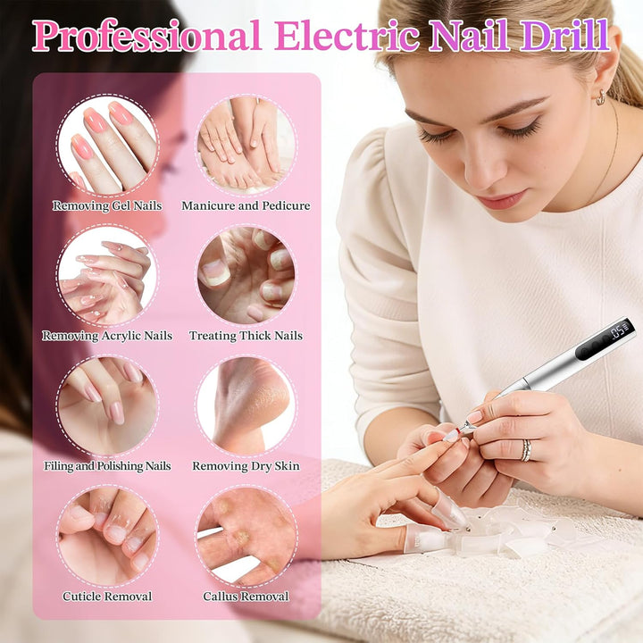 Nagelfräser Kabellos, 13 in 1 Elektrische Nagelfeile - 35000 U/Min Nagelfräser für Gelnägel, Mit LCD