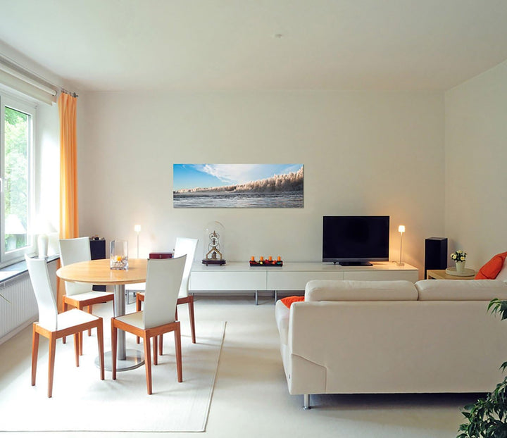 Paul Sinus Art Panoramabild auf Leinwand und Keilrahmen 150x50cm Finnland Wald Fluss Winter Schnee E