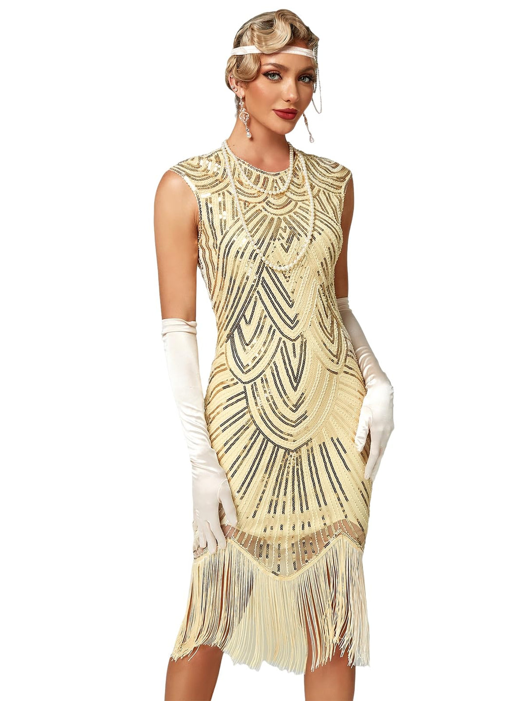 Damen Kleid voller Pailletten 20er Stil Runder Ausschnitt Inspiriert von Great Gatsby Kostüm Kleid,