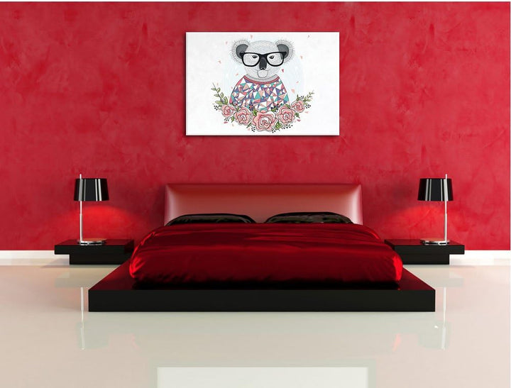 Pixxprint Hipster Koala mit Rosen als Leinwandbild/Grösse: 100x70 cm/Wandbild/Kunstdruck/fertig besp