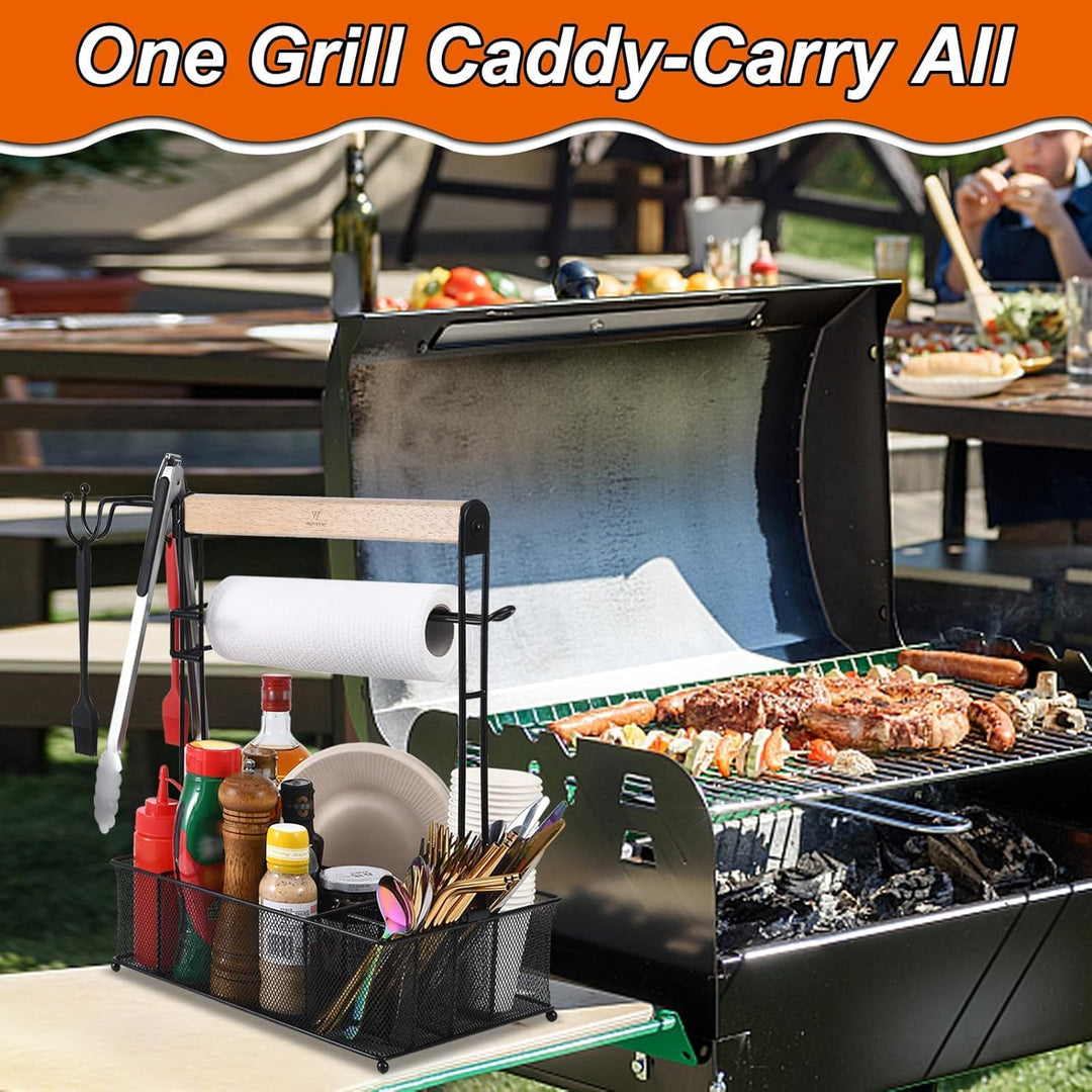 Grill-Caddy, Picknick-Grill-Organizer für Camping, Outdoor, Netzkorb mit 3 Haken zum Aufhängen und P