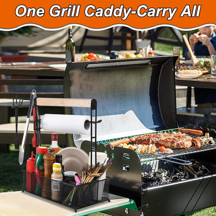 Grill-Caddy, Picknick-Grill-Organizer für Camping, Outdoor, Netzkorb mit 3 Haken zum Aufhängen und P