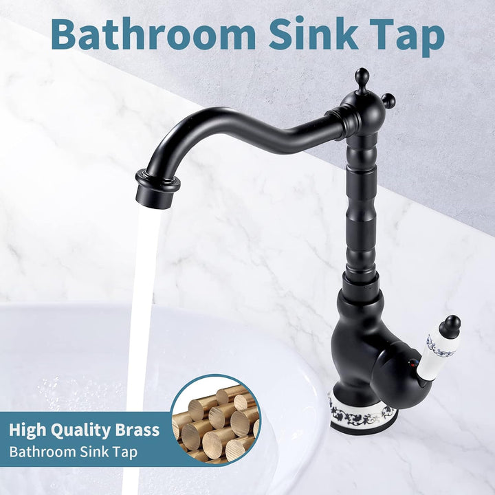 AIMOYO Wasserhahn Bad Schwarz, Hoch Waschtischarmatur Retro mit 360° Drehbarer Auslauf, Einhebelmisc