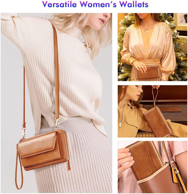 nuoku Geldbörse Damen, Portemonnaie PU Leder RFID Schutz Grosse Kapazität Brown, Brown