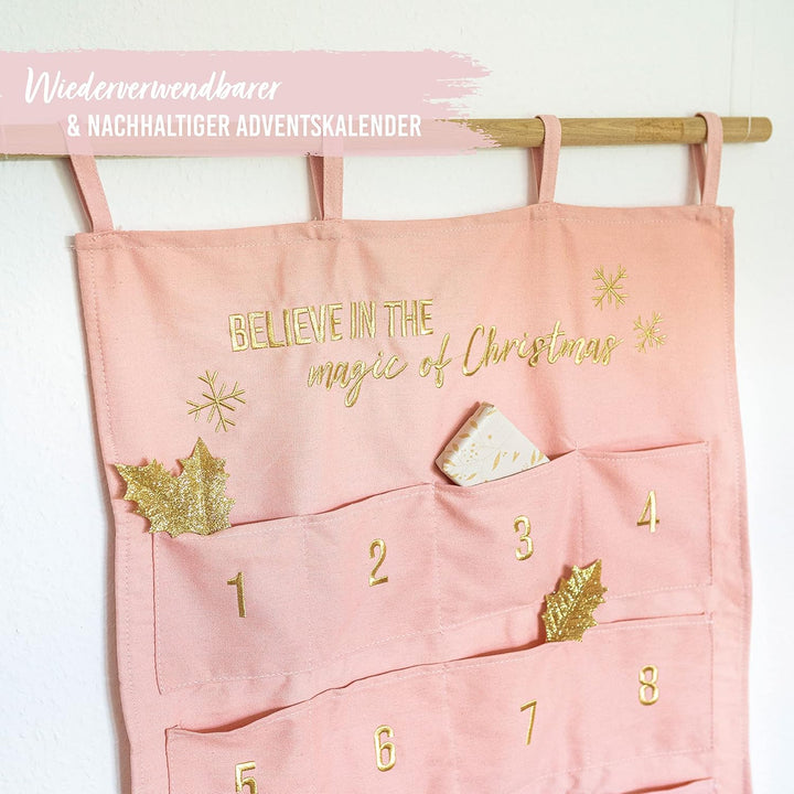 Papierdrachen Adventskalender 2023 als Wandkalender aus Stoff zum Befüllen - rosa &amp; gold - hochwerti