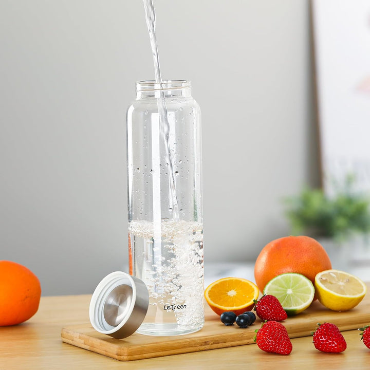 Glasflasche 1 Liter mit Schutzhülle, Weite Öffnung Wasserflasche 1L Glas mit Spülmaschinenfest 1000m
