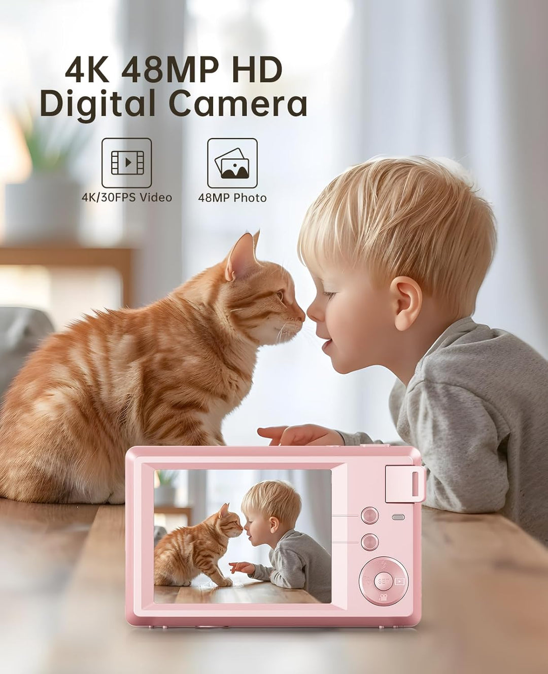 4K Digitalkamera 48MP mit Tasche 32GB SD Karte für Vlogging Kinder Jugendliche Rose Pink-A30, Pink-A