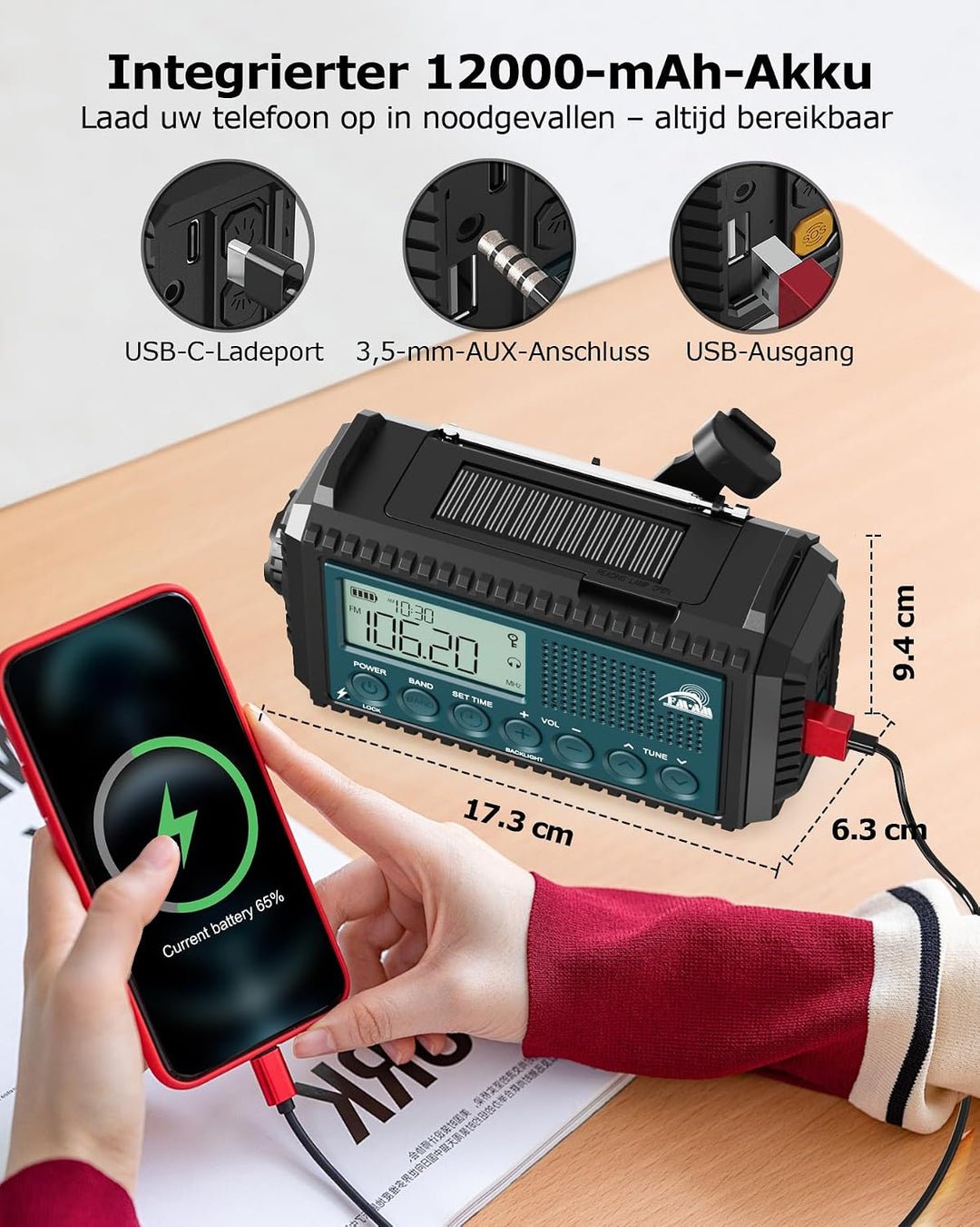 Roxicosly Kurbelradio, Notfallradio mit 12000 mAh Power Bank, AM/FM/SW Baustellenradio, Kurbel &amp; 5-W