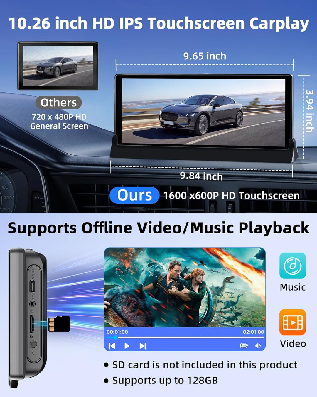 Jansite Carplay Android Auto Display mit Exklusive Halterung, 10,26 Zoll Touchscreen Car Play Bildsc