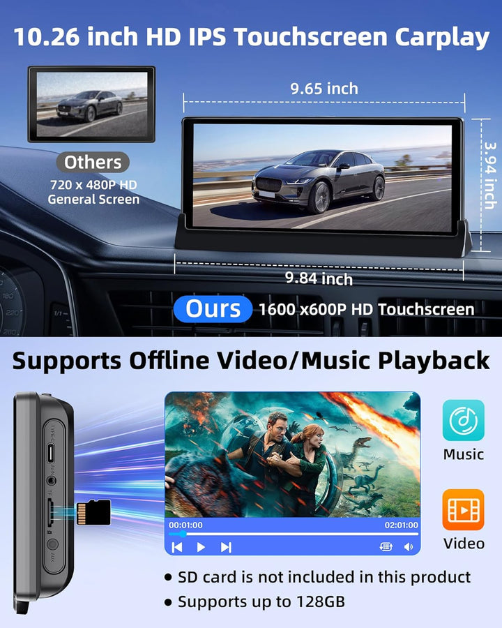 Jansite Carplay Android Auto Display mit Exklusive Halterung, 10,26 Zoll Touchscreen Car Play Bildsc