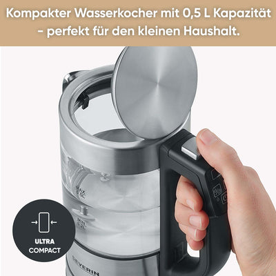 SEVERIN Digitaler Mini Glas Wasserkocher, kompakter Wasserkocher mit Temperaturauswahl, elektrischer