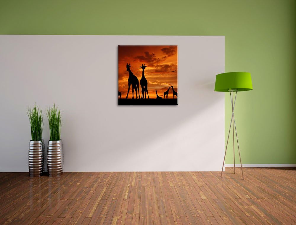 Pixxprint Afrika Giraffen im Sonnenuntergang, Format: 70x70 auf Leinwand, 70x70