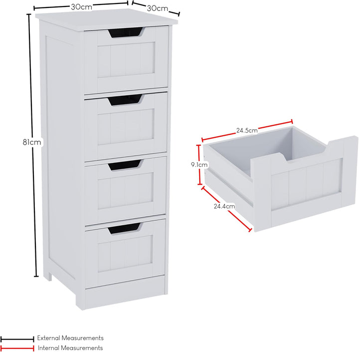 Bath Vida Badezimmerschrank mit 4 Schubladen, bodenstehende Aufbewahrungseinheit, Holz, weiss Priano