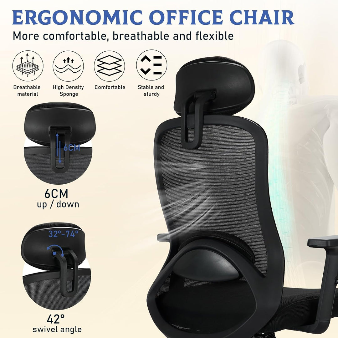 Milacyee Bürostuhl, Bürostuhl Ergonomisch, Schreibtischstuhl mit Kopfstütze, Armlehnen, Lendenwirbel